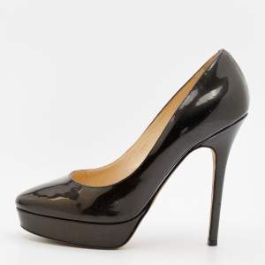 Pre Owned Jimmy Choo Dark Brown Patent Leather Alex Platform Pumps Size 37.5