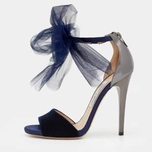 Pre Owned Jimmy Choo Navy Blue/Grey Velvet And Leather Lilyth Knot Ankle Strap Sandals Size 38