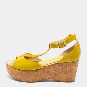 Pre Owned Jimmy Choo Lime Green Patent Leather Pania Cork Wedge Sandals Size 37.5