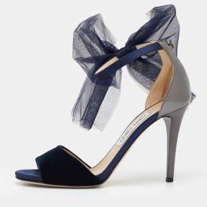 Pre Owned Jimmy Choo Blue/Grey Velvet And Leather Bow Lilyth Ankle Strap Sandals Size 38.5