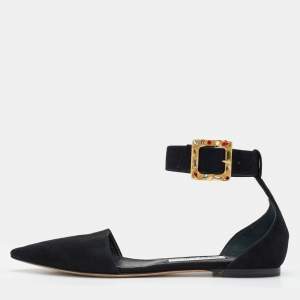 Jimmy Choo Black Suede Jewelled Buckle Pointed Toe Halina Flat Ankle Strap Sandals Size 39