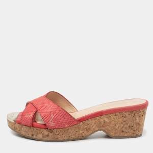 Pre Owned Jimmy Choo Pink Leather Prima Cork Wedge Slide Sandals Size 39