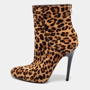 Jimmy Choo Beige/Brown Leopard Print Calf Hair Ankle Booties Size 37.5