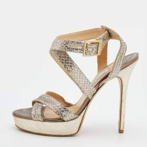Jimmy Choo Metallic Gold/Silver Glitter Vamp Platform Strappy Sandals Size 37.5