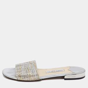 Pre Owned Jimmy Choo Metallic Silver/Gold Woven Fabric Flat Slide Sandals Size 38.5