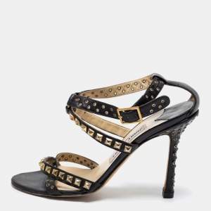 Pre Owned Jimmy Choo Black Leather Studded Ankle Strap Sandals Size 37.5