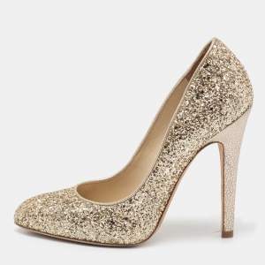 Pre Owned Jimmy Choo Gold Coarse Glitter Victoria Pumps Size 37