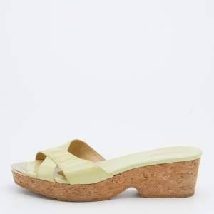 Pre Owned Jimmy Choo Green Patent Leather Prima Cork Wedge Slide Sandals Size 40