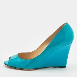Jimmy Choo Turquoise Patent Leather Bello Peep Toe Wedge Pumps Size 39