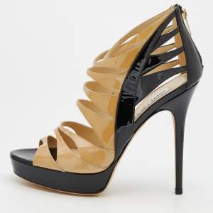 Pre Owned Jimmy Choo Beige/Black Patent Leather Strappy Platform Sandals Size 39