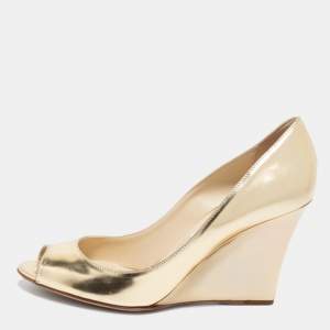 Pre Owned Jimmy Choo Gold Leather Baxen Peep-Toe Wedge Pumps Size 37.5
