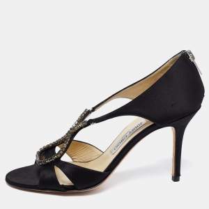 Jimmy Choo Black Satin Crystal Embellished Open Toe Sandals Size 39.5