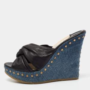 Pre Owned Jimmy Choo Black Leather Knotted Wedge Platform Sandals Size 37