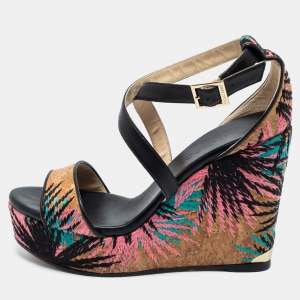 Pre Owned Jimmy Choo Black Leather and Palm Embroidered Cork Portia Wedge Sandals Size 40
