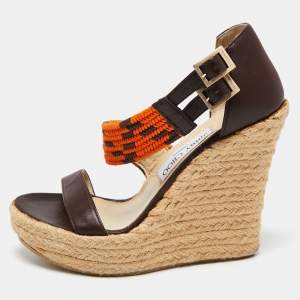 Pre Owned Jimmy Choo Burgundy/Orange Leather and Woven Raffia Cross Strap Espadrille Wedge Sandals Size 37