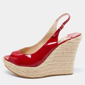 Pre Owned Jimmy Choo Red Patent Leather Espadrille Wedge Slingback Sandals Size 40