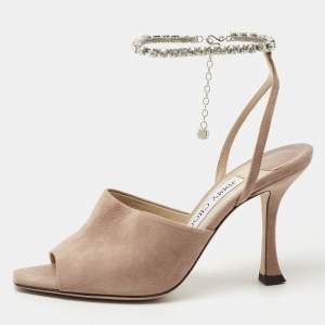 Pre Owned Jimmy Choo Dusty Pink Suede Sae Crystal Embellished Ankle Chain Sandals Size 36