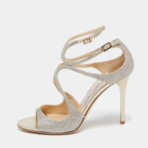 Pre Owned Jimmy Choo Gold Glitter Lang Ankle Strap Pumps Size 38.5
