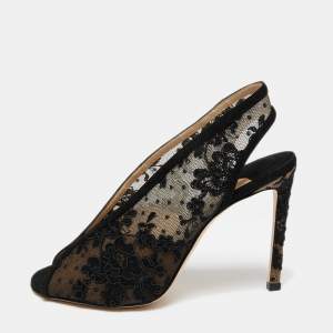 Pre Owned Jimmy Choo Black Lace Shar Open-Toe Slingback Sandals Size 37.5