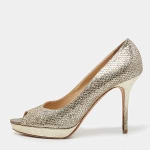 Pre Owned Jimmy Choo Metallic Silver/Gold Glitter Peep Toe  Platform Pumps Size 38.5