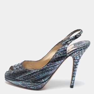 Pre Owned Jimmy Choo Multicolor Python Leather Peep-Toe Platform Slingback Sandals Size 38