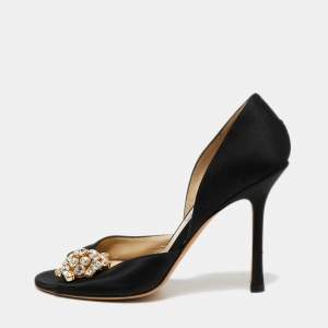 Pre Owned Jimmy Choo Black Satin Open Toe Crystal Embellished D'orsay Pumps Size 37.5