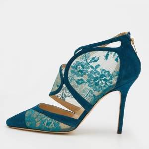 Pre Owned Jimmy Choo Blue Lace And Suede Fyber D'orsay Pumps Size 41