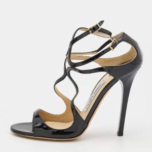 Pre Owned Jimmy Choo Black Patent Leather Ivette Strappy Sandals Size 37.5