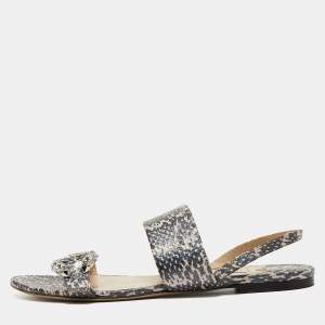 Jimmy Choo Black/Beige Python Embossed Leather Slingback Flats Size 41.5