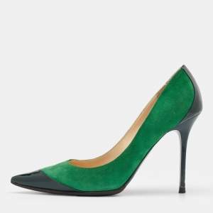 Pre Owned Jimmy Choo Green Suede and Patent Leather Cap Toe Pumps Size 35