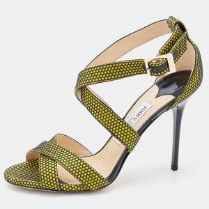Pre Owned Jimmy Choo Acid Yellow/Black Suede Honey Comb Strappy Sandals Size 39.5