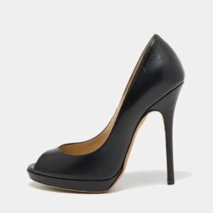 Pre Owned Jimmy Choo Black Leather Crown Peep Toe Platform Pumps Size 36