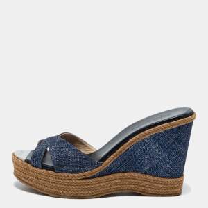 Pre Owned Jimmy Choo Navy Blue Denim Prima Wedge Slides Size 40