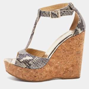 Pre Owned Jimmy Choo Grey/Black Snakeskin Embossed Leather Cork Platform Wedge Sandals Size 37.5