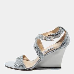Pre Owned Jimmy Choo Silver Glitter Crisscross Wedge Sandals Size 39