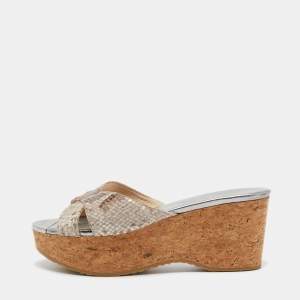 Pre Owned Jimmy Choo Brown/Beige Python Embossed Leather Prima Wedge Sandals Size 37.5