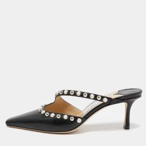 Pre Owned Jimmy Choo Black Leather Embellished Sandals Size 37.5