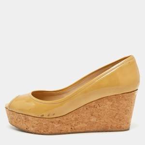 Pre Owned Jimmy Choo Yellow Patent Leather Parley Wedge Pumps Size 41