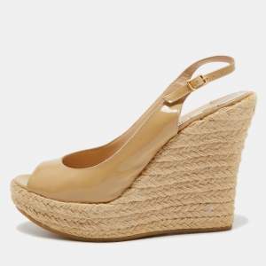 Jimmy Choo Beige Patent Leather Espadrille Wedge Sandals Size 39