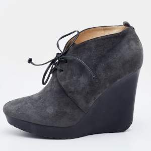 Pre Owned Jimmy Choo Grey Suede Baxter Wedge Lace Up Booties Size 37.5