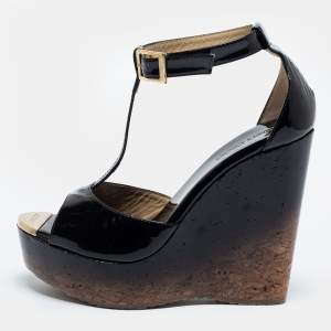 Pre Owned Jimmy Choo Black Patent Leather Pela Cork Wedge Sandals Size 37.5