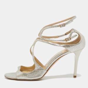 Pre Owned Jimmy Choo Light Gold Laminated Suede Lang Ankle Strap Sandals Size 41