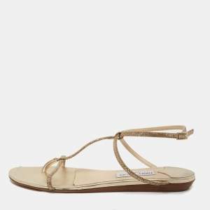 Pre Owned Jimmy Choo Gold Glitter T-Strap Thong Flat Ankle Strap Sandals Size 41