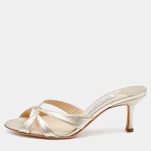 Pre Owned Jimmy Choo Gold Leather Slide Sandals Size 36.5
