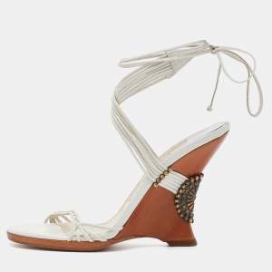 Pre Owned Jimmy Choo White Leather Ankle Wrap Wedge Sandals Size 37.5