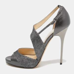 Jimmy Choo Metallic Grey Lurex Fabric and Leather Ankle Strap Sandals Size 39.5