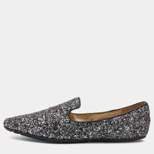 Jimmy Choo Black/Silver Glitter Sloane Smoking Slippers Size 41