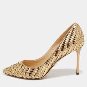 Pre Owned Jimmy Choo Gold Woven Leather Pointed Toe Pumps Size 38
