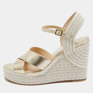 Jimmy Choo Gold Leather Dellena Wedge Sandals Size 38.5