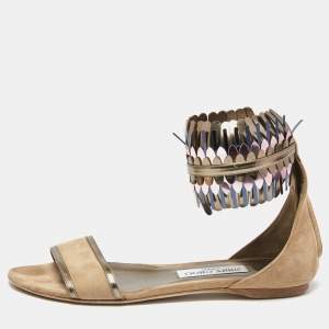 Pre Owned Jimmy Choo Beige Suede Kimro Fringe Flat Sandals Size 37